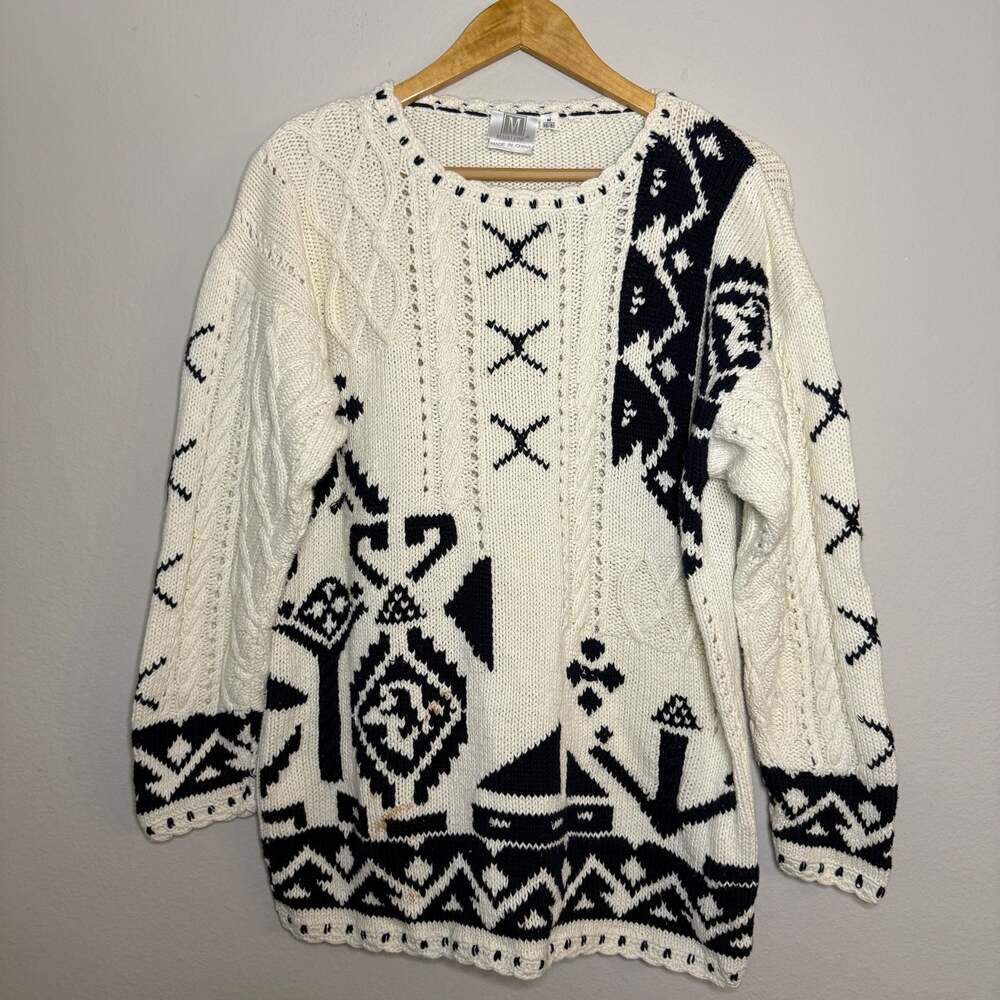 Madeleine Vintage Cream and Black Geometric Graphic Knit Sweater